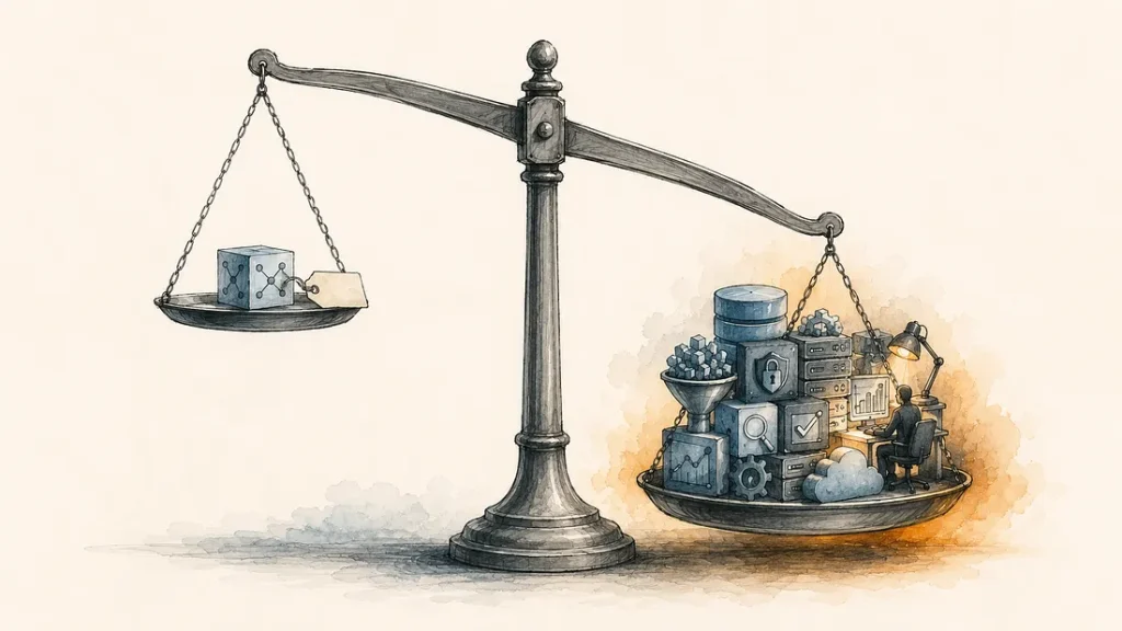 A balance scale contrasting model price with the full cost of an AI service